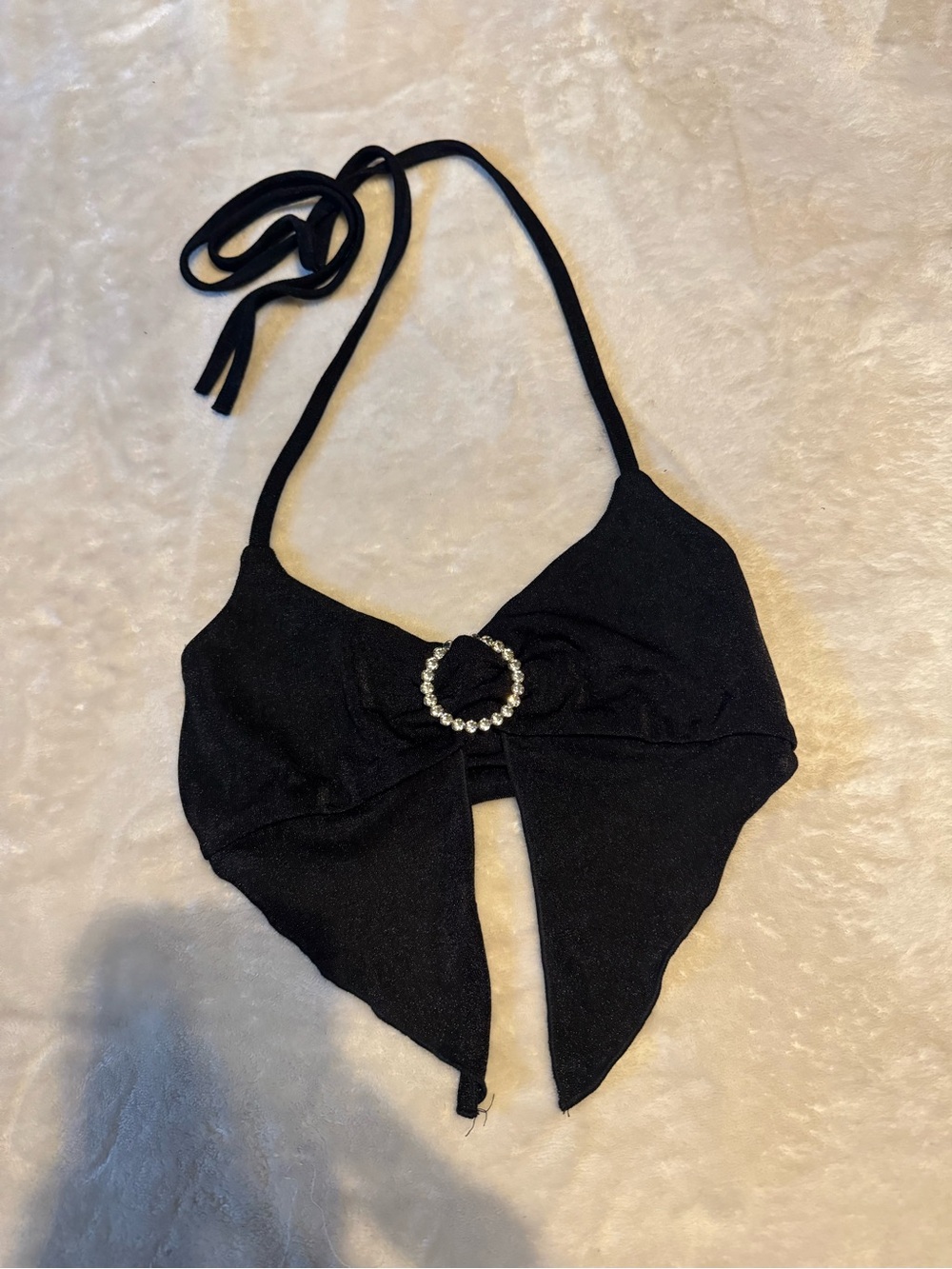 Black Halter Crop Top with Rhinestone Ring